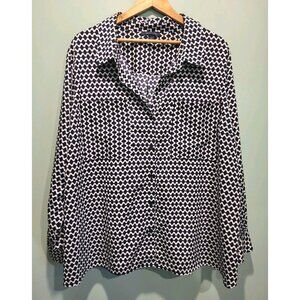 Navy Blue White Geometric Lightweight Long Sleeve Button Up Shirt Pockets Sz 3X